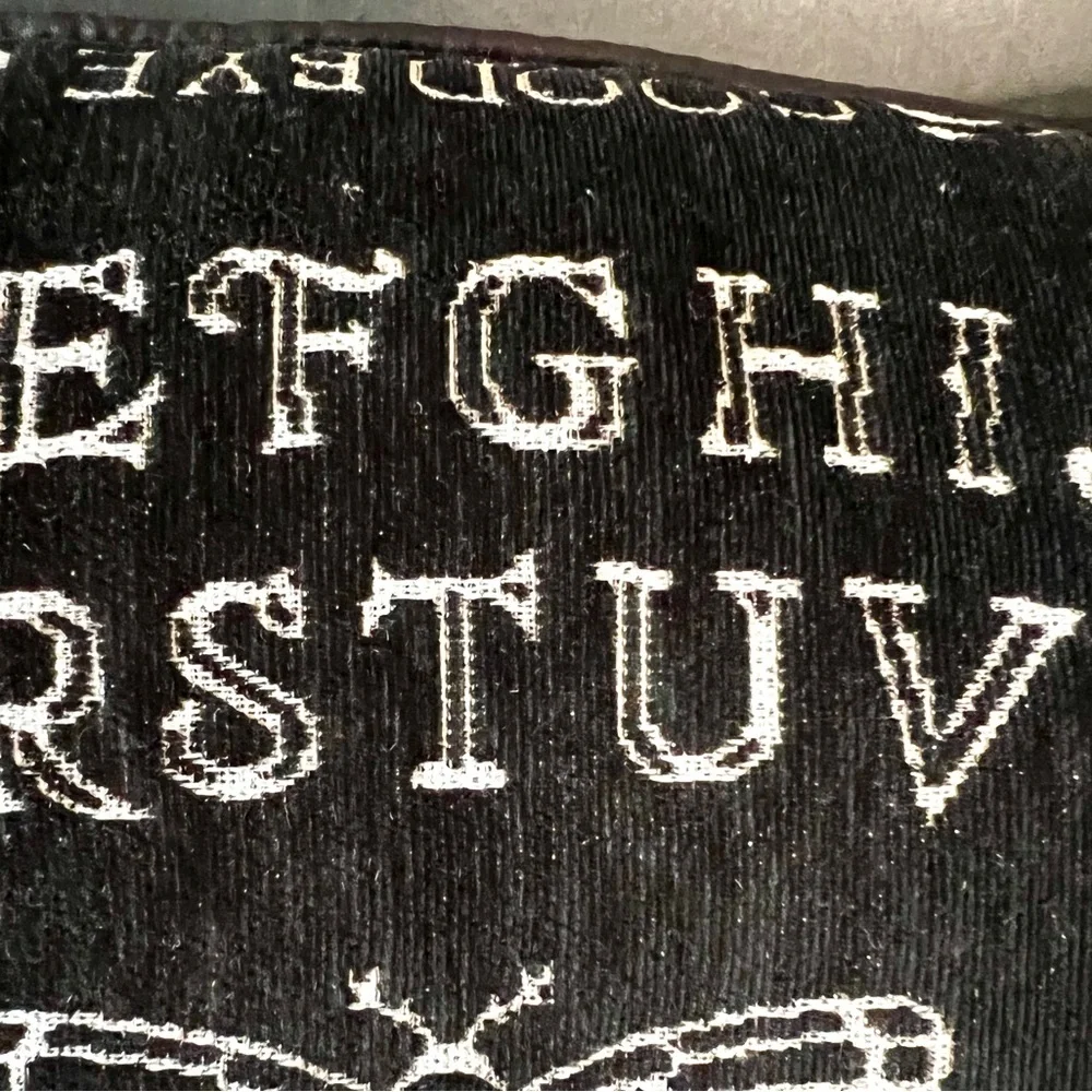 - Halloween Ouija Spirit Board Throw Pillow Black White Silver Metallic Thread